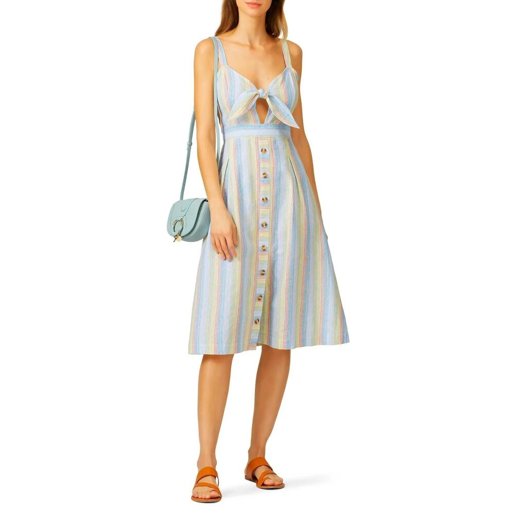 Moon River Dress Rainbow Striped Sleeveless Front Tie Cutout Linen Blend Size M